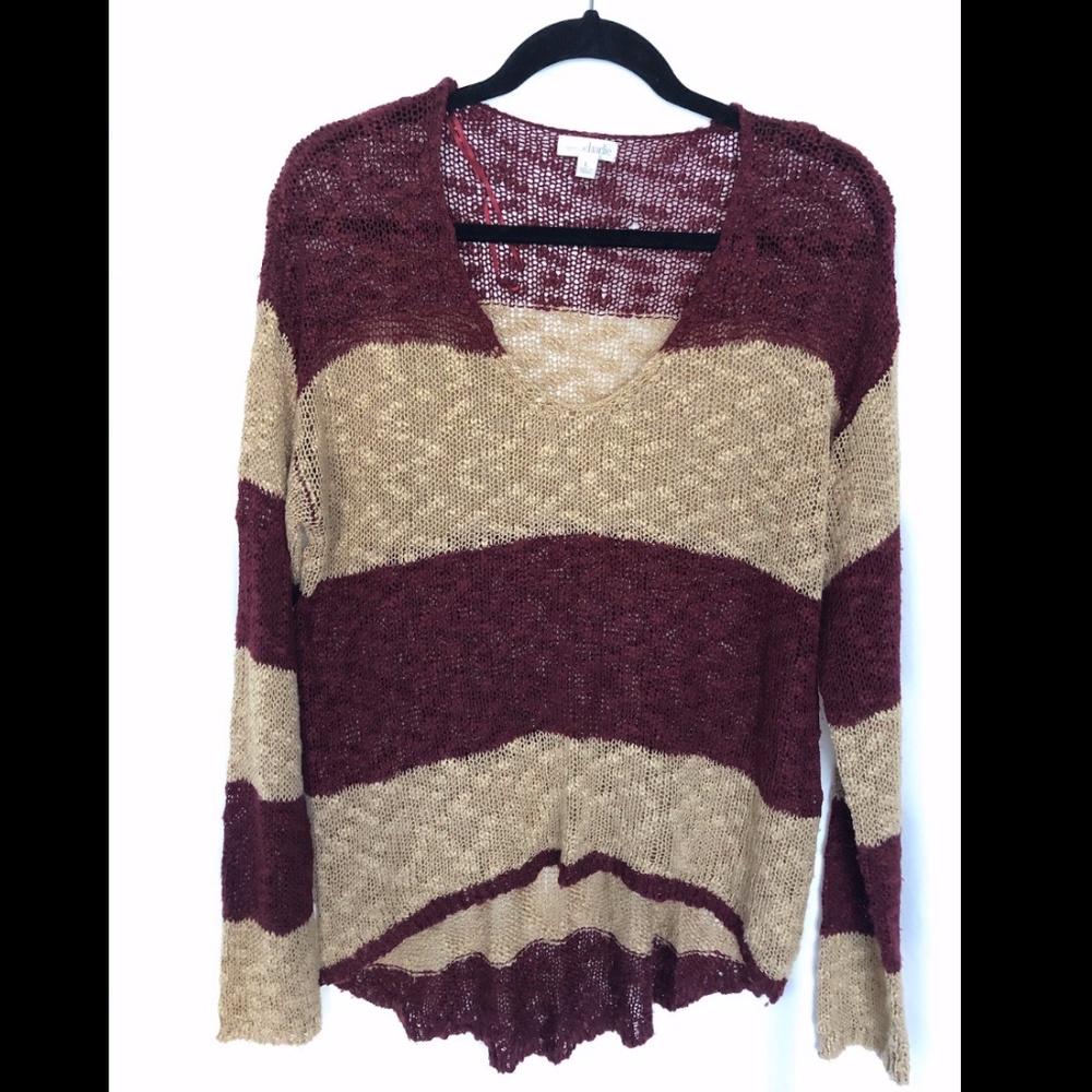 Cream and Burgundy Striped Knit Sweater